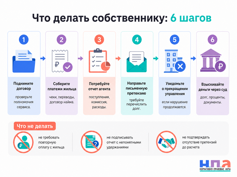 Сервис управления квартирой получил арендную плату, но не перечисляет собственнику что делать