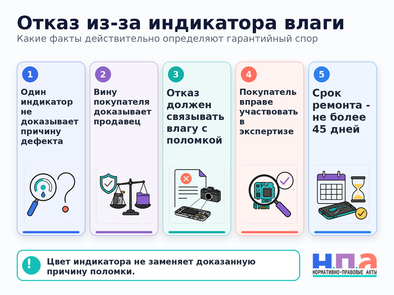 Сервисный центр отказал в гарантии из-за индикатора влаги, хотя залития не было
