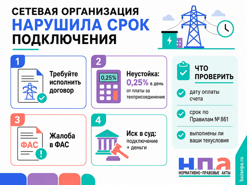 Сетевая организация нарушила срок технологического присоединения дома или участка к электричеству