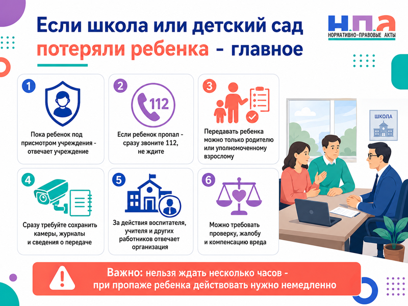 Школа, детский сад или группа продленного дня потеряли ребенка либо отпустили его с посторонним человеком ответственность учреждения