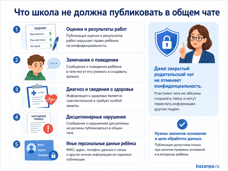 Школа публикует оценки, замечания о поведении, сведения о здоровье или дисциплинарных нарушениях ребенка в общем родительском чате