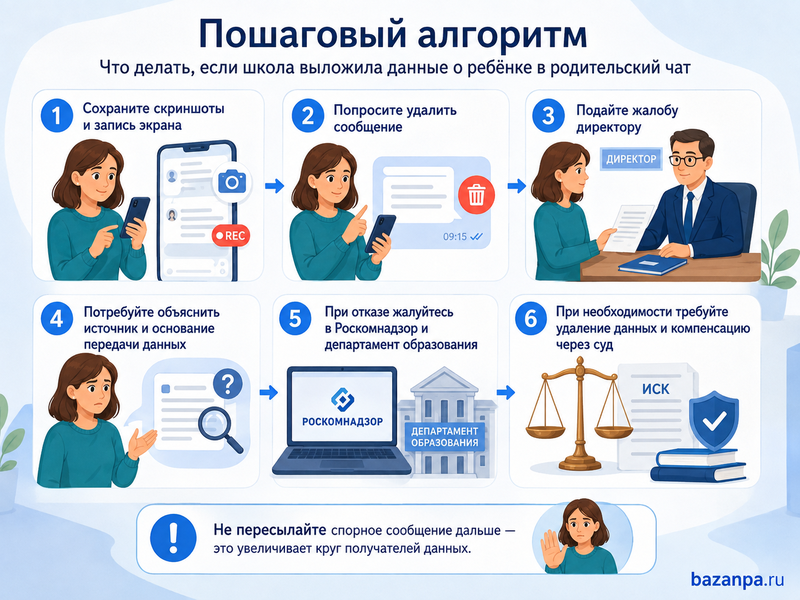 Школа публикует оценки, замечания о поведении, сведения о здоровье или дисциплинарных нарушениях ребенка в общем родительском чате
