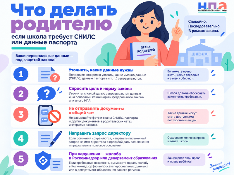 Школа требует СНИЛС и паспортные данные родителей законно ли это