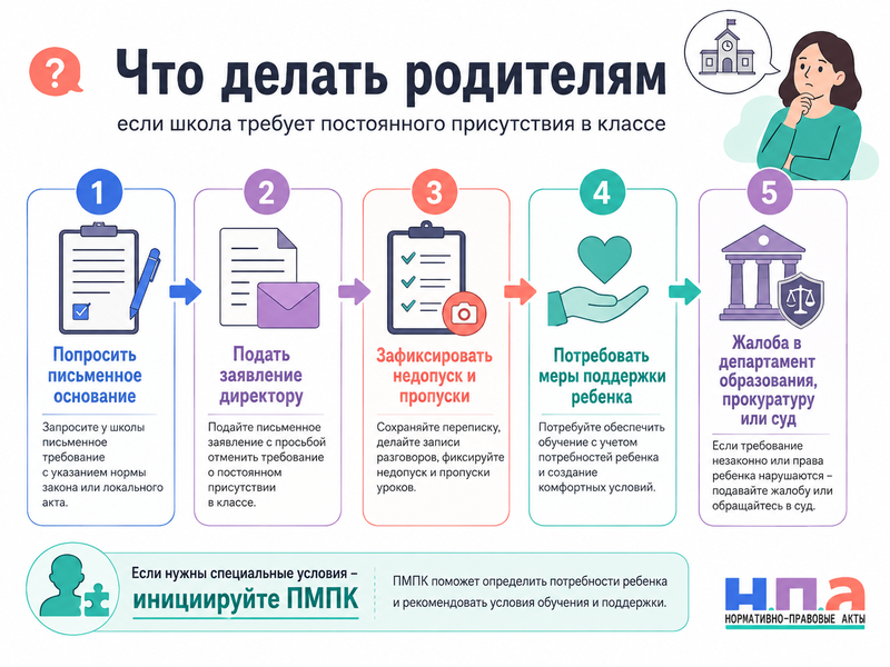 Школа требует постоянного присутствия родителя на уроках как условие допуска ребенка к занятиям