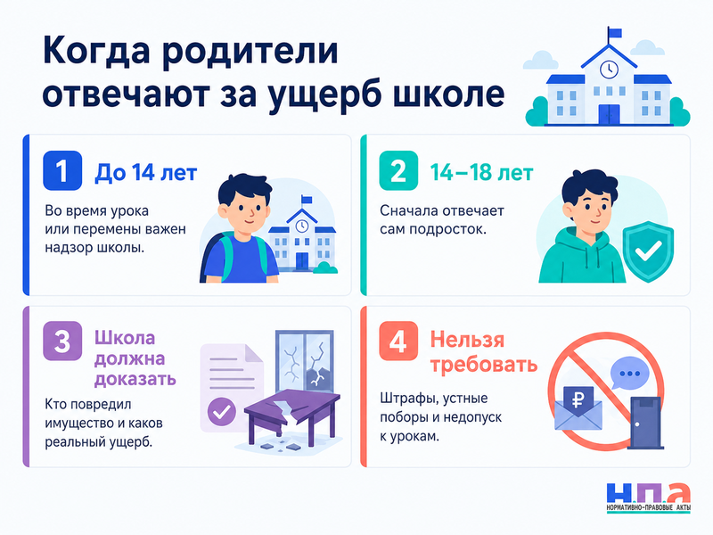 Школа требует с родителей оплатить разбитую мебель, окно, технику или другое имущество когда родители действительно отвечают за ущерб