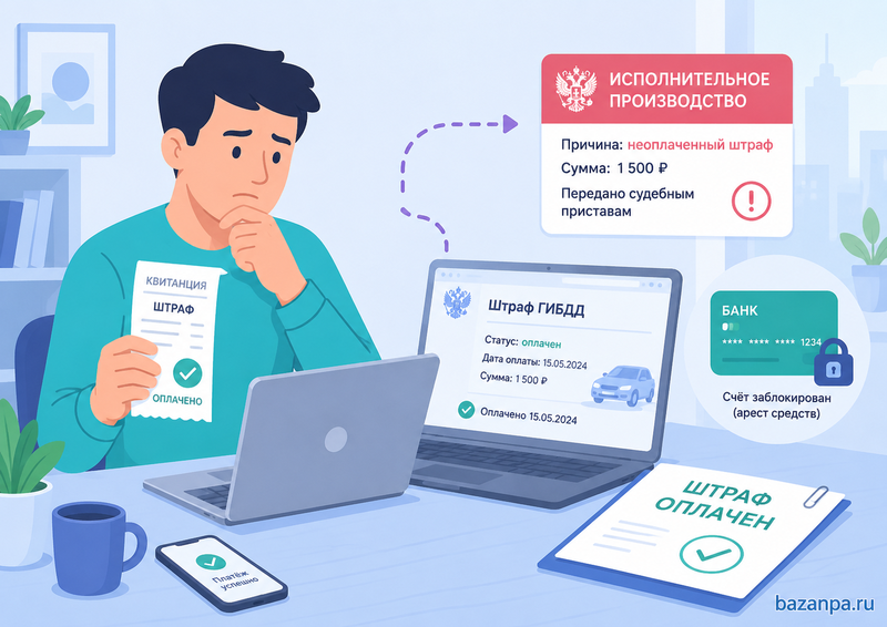 Штраф оплачен, но числится неоплаченным и передан приставам: что делать