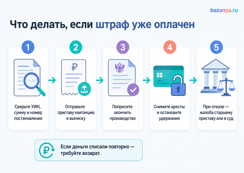 Штраф оплачен, но числится неоплаченным и передан приставам: что делать