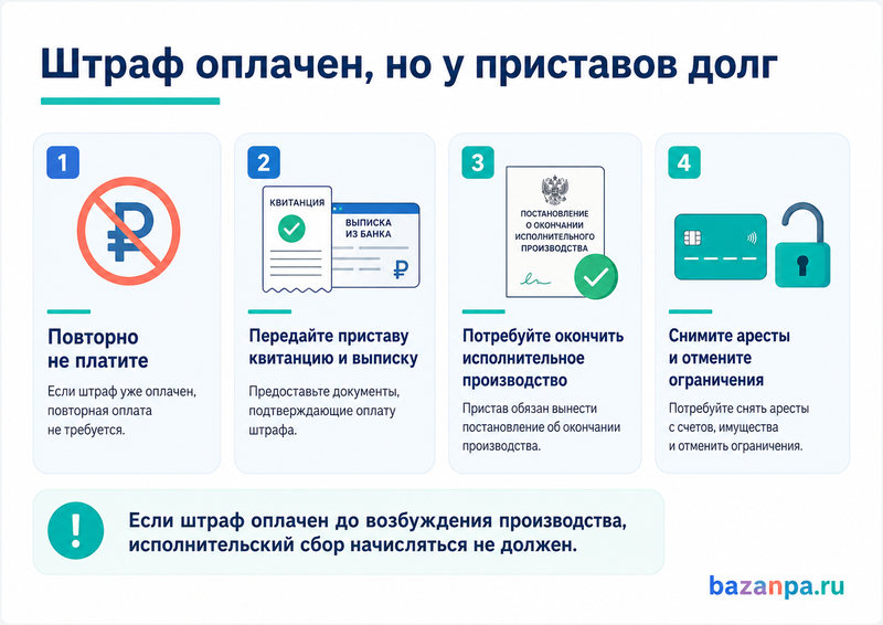 Штраф оплачен, но числится неоплаченным и передан приставам: что делать