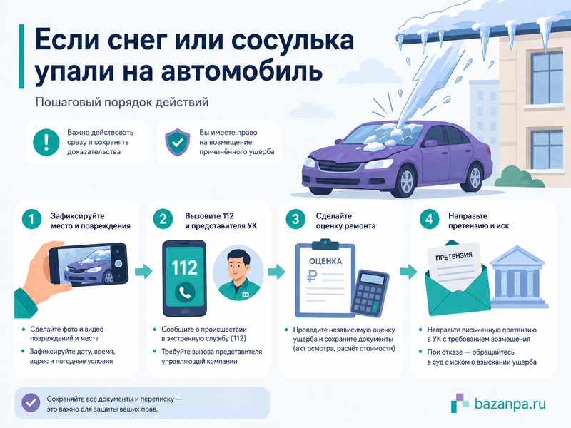Снег, лед или сосулька упали на автомобиль кто отвечает и как взыскать стоимость ремонта