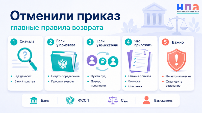 Как вернуть деньги после отмены судебного приказа: поворот исполнения