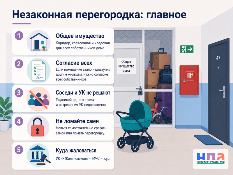 Сосед захватил общий коридор, колясочную или кладовую демонтаж перегородки и возврат общего имущества