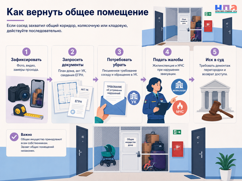 Сосед захватил общий коридор, колясочную или кладовую демонтаж перегородки и возврат общего имущества