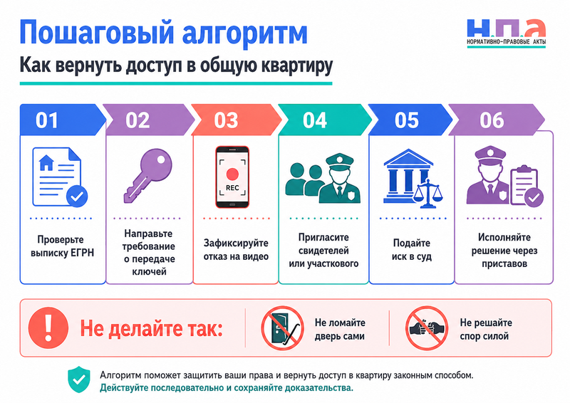 Совладелец квартиры сменил замки и не пускает другого собственника доступ в жилье, ключи и обращение в суд