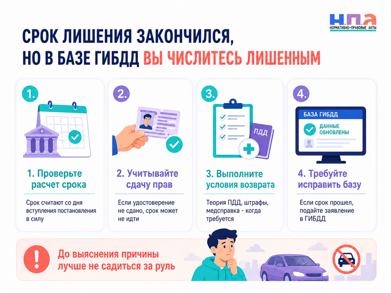 Срок лишения водительских прав закончился, но в базе ГИБДД водитель числится лишенным что делать