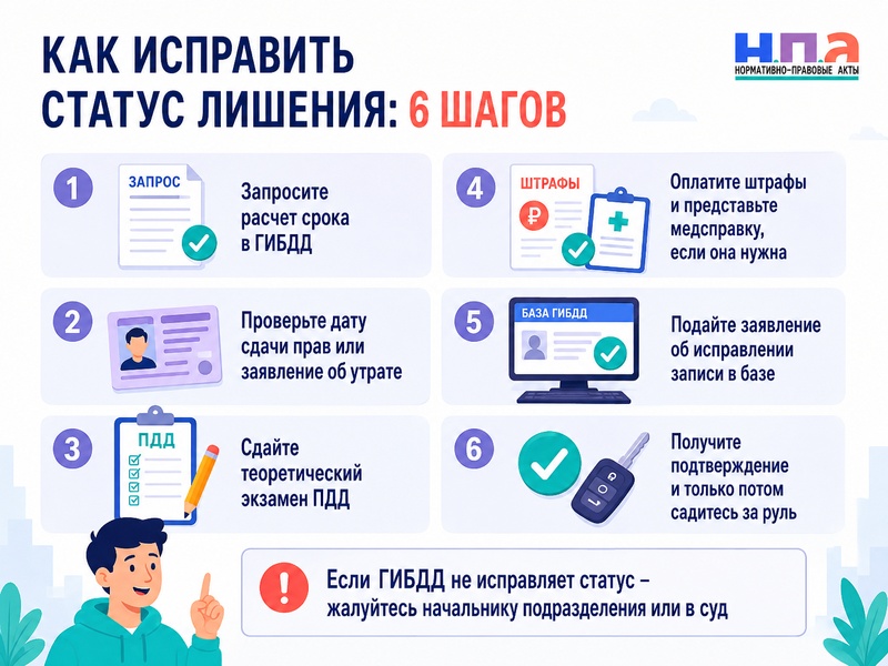 Срок лишения водительских прав закончился, но в базе ГИБДД водитель числится лишенным что делать