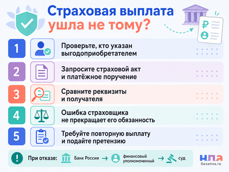Страховая компания перечислила выплату другому выгодоприобретателю или на неправильный банковский счёт