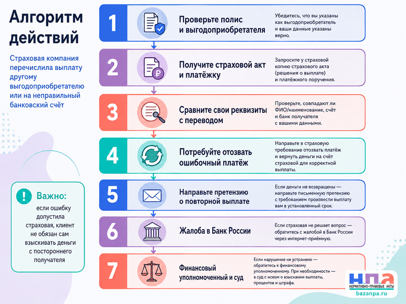 Страховая компания перечислила выплату другому выгодоприобретателю или на неправильный банковский счёт