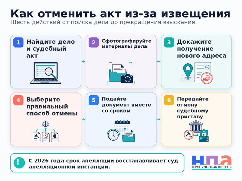 Суд направлял извещения на старый адрес после уведомления о новом как отменить акт и восстановить срок