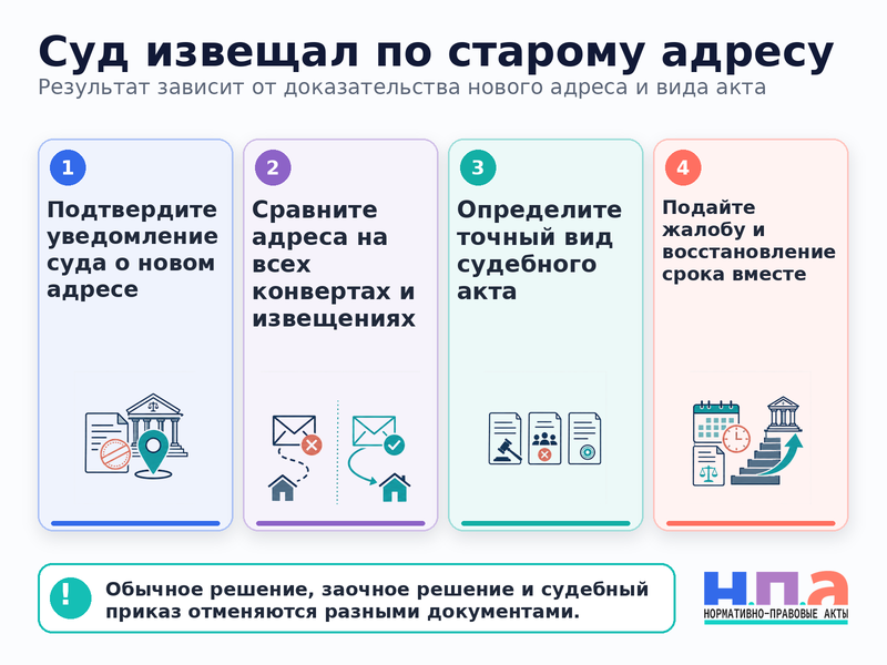 Суд направлял извещения на старый адрес после уведомления о новом как отменить акт и восстановить срок