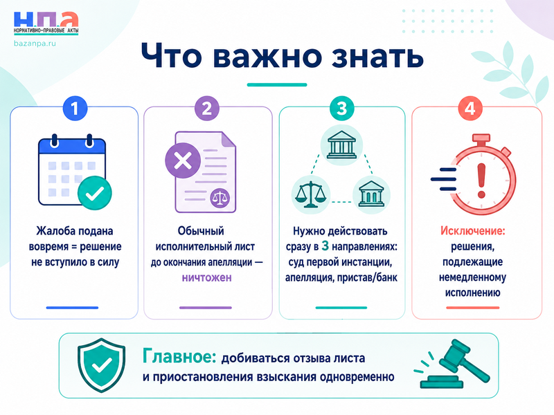 Суд ошибочно выдал исполнительный лист при своевременной апелляции как остановить исполнение