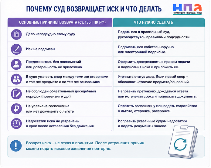 Суд вернул исковое заявление: что исправить и как подать заново