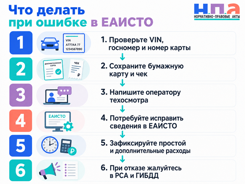 Техосмотр пройден, но диагностическая карта отсутствует в ЕАИСТО или содержит ошибку: как исправить сведения и кто оплачивает простой
