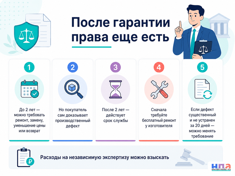 Товар сломался после окончания гарантии: требования в пределах срока службы и экспертиза за счет покупателя