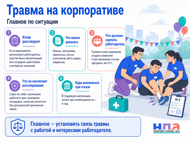 Травма на корпоративе, спортивном турнире или тимбилдинге считается ли несчастным случаем на производстве