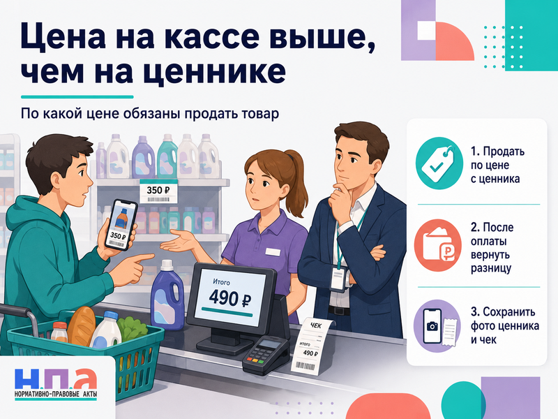 Цена на кассе выше, чем на ценнике по какой цене продавец обязан продать товар