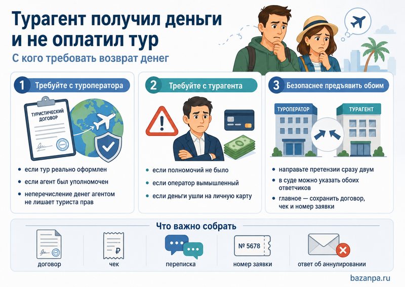 Турагент получил деньги и не оплатил путевку: кто должен вернуть стоимость тура