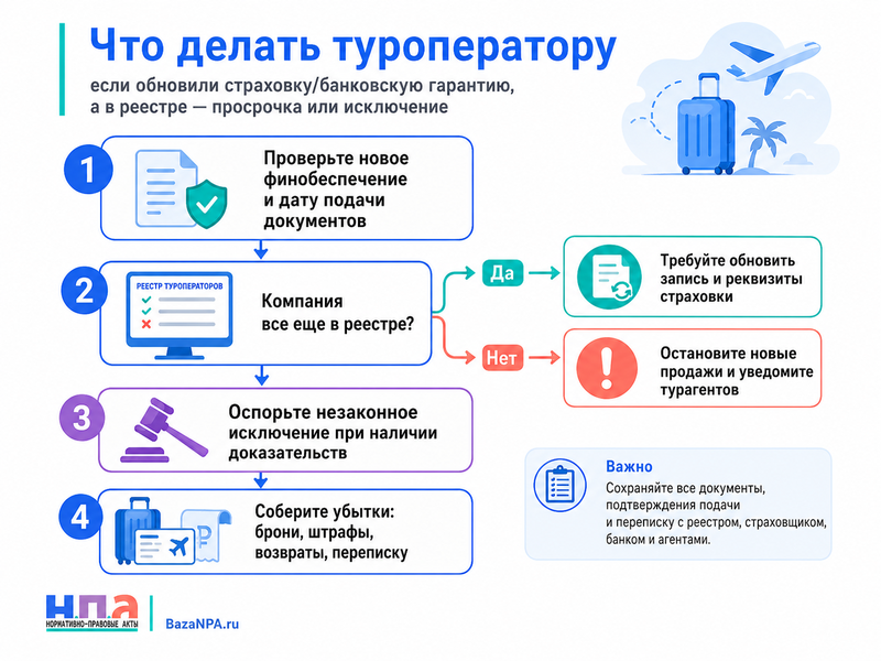 Туроператор продлил страхование или банковскую гарантию, но в реестре осталось истёкшее обеспечение либо компанию исключили