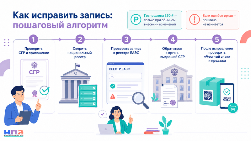 У продукции есть действующее свидетельство о государственной регистрации, но его нет в реестре ЕАЭС или сведения неверны как исправить запись