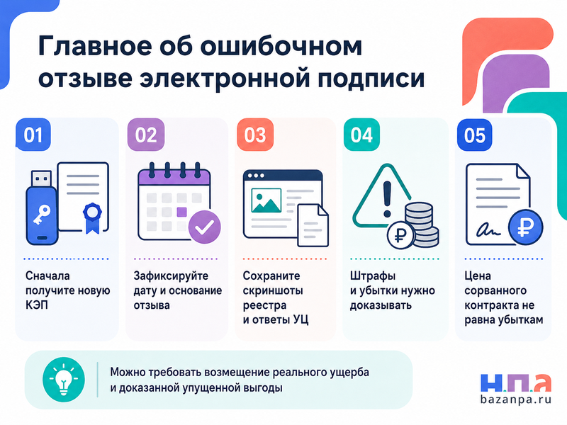 Удостоверяющий центр ошибочно отозвал сертификат электронной подписи кто возмещает убытки