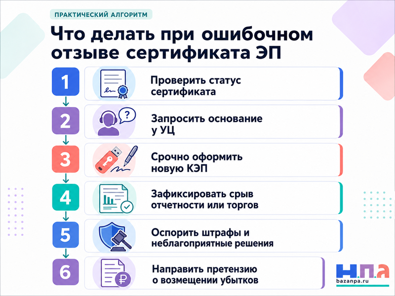 Удостоверяющий центр ошибочно отозвал сертификат электронной подписи кто возмещает убытки
