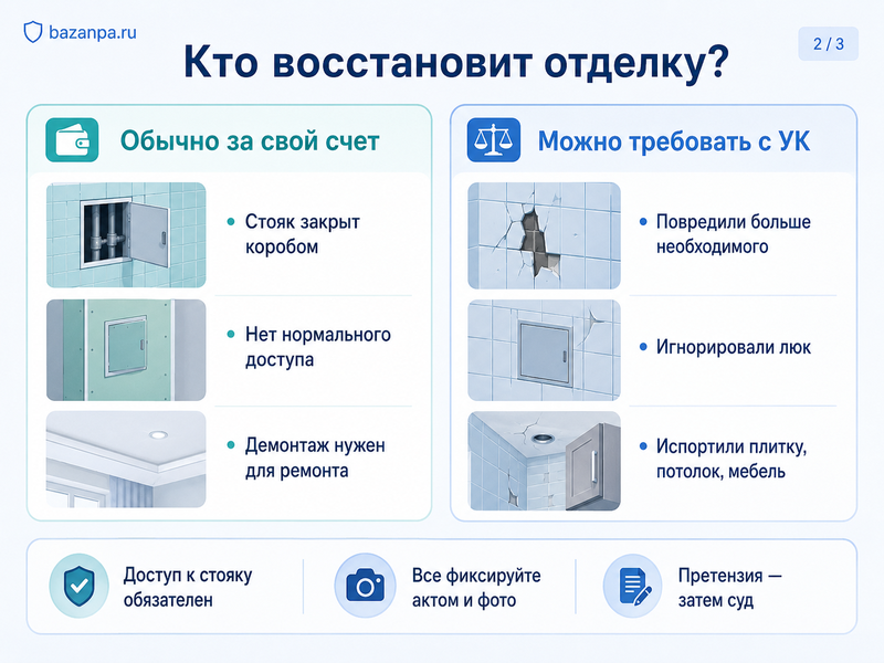 Управляющая компания требует вскрыть плитку, короб или натяжной потолок кто восстановит отделку