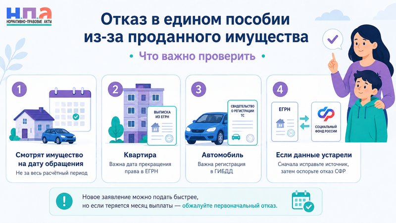 В едином пособии отказали из-за квартиры или автомобиля, которые уже проданы как исправить сведения