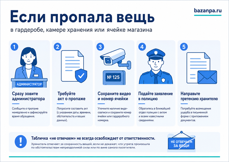 В гардеробе, камере хранения или ячейке магазина пропала вещь кто отвечает и как доказать передачу