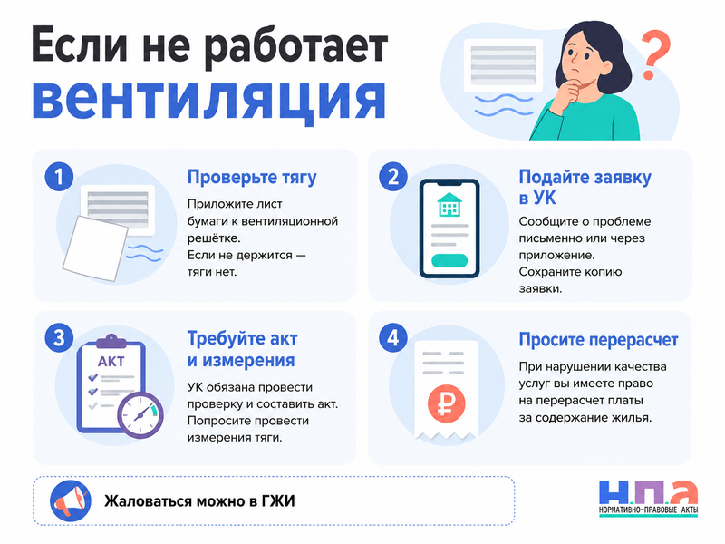 В квартире не работает вентиляция проверка тяги, жалоба, перерасчет и ответственность УК