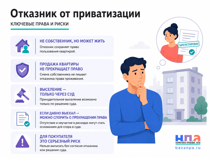 В квартире зарегистрирован отказник от приватизации какие права он сохраняет и можно ли его выселить