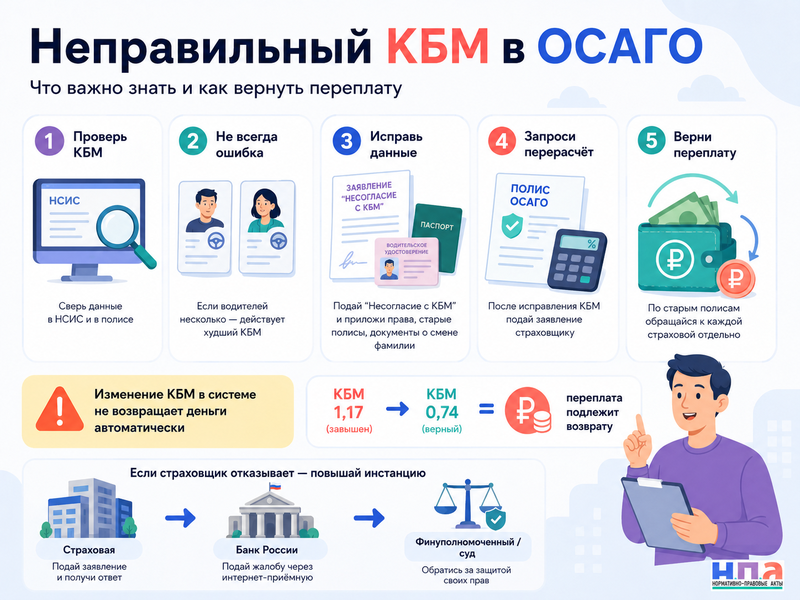 В полисе ОСАГО указан неправильный КБМ как исправить коэффициент и вернуть переплату