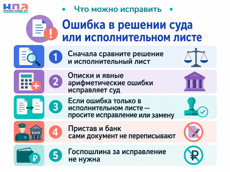 В решении суда или исполнительном листе допущена ошибка как исправить документ