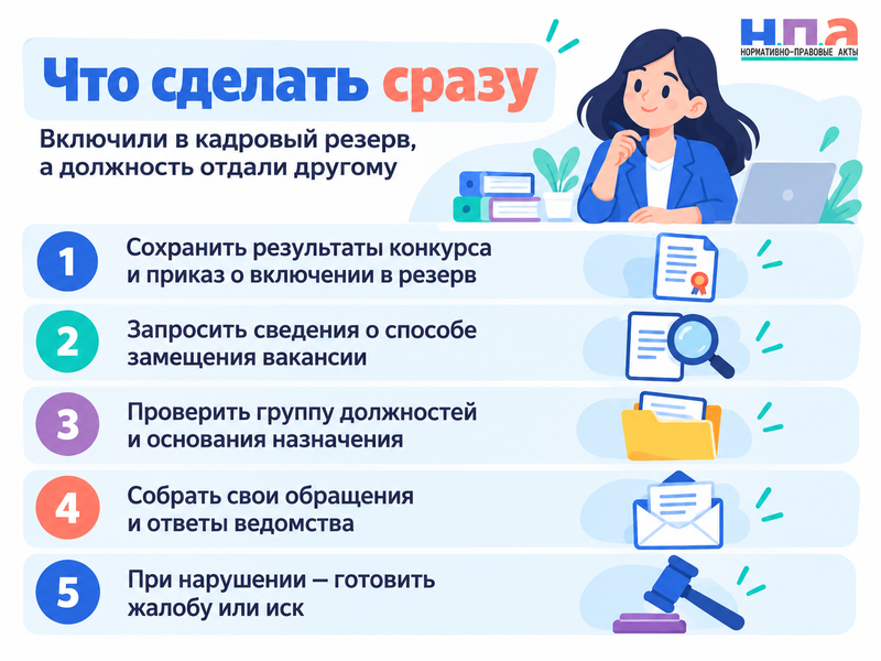 Включили в кадровый резерв, а должность отдали другому - что делать