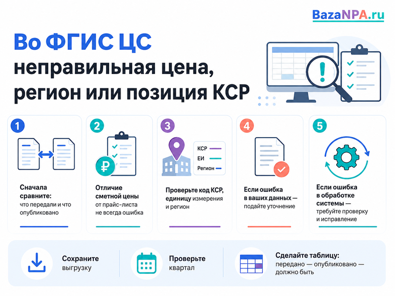 Во ФГИС ЦС неправильная цена, регион или позиция КСР