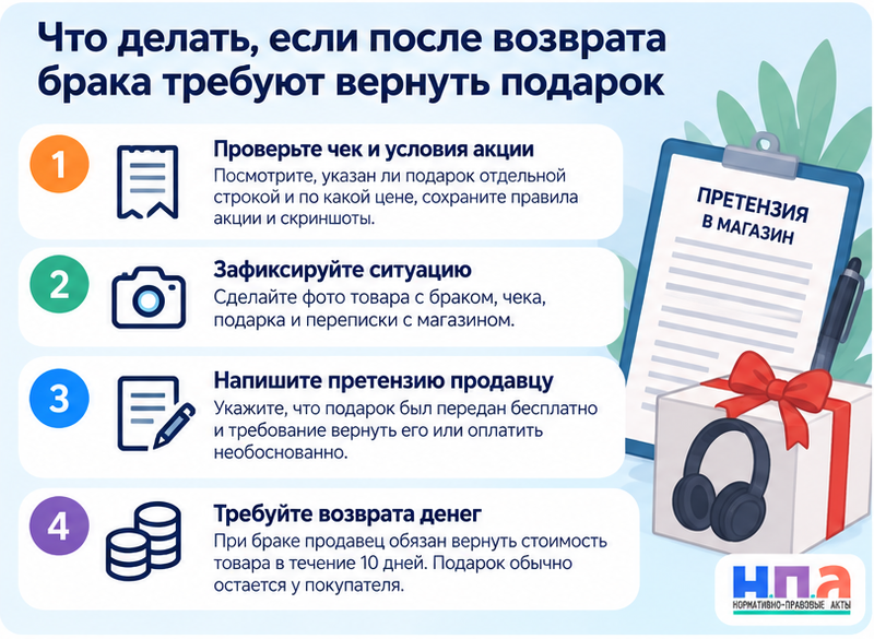 Возвращаю бракованный товар, а магазин требует вернуть подарок или оплатить его