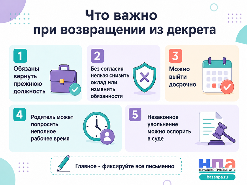Возвращение из декретного отпуска сохранение должности, изменение графика и незаконное увольнение