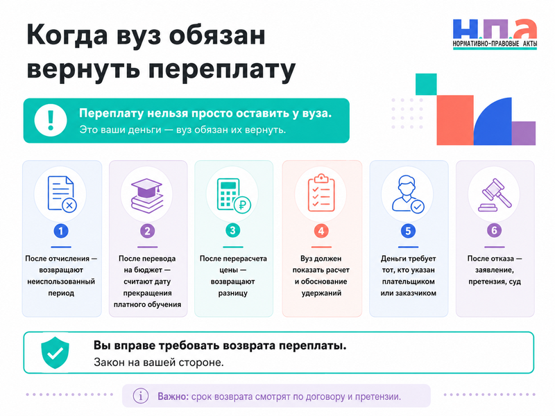 Вуз или колледж не возвращает переплату за обучение после перерасчета, перевода на бюджет или отчисления