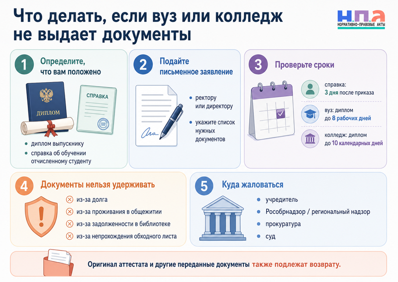 Вуз или колледж не выдает диплом, справку об обучении либо документы после отчисления