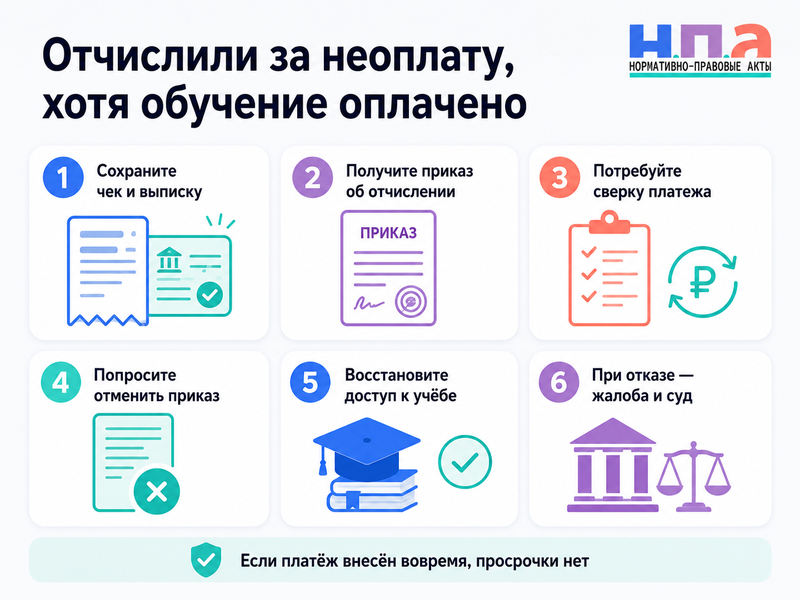 Вуз или колледж отчислил за неоплату, хотя деньги перечислены вовремя как отменить приказ
