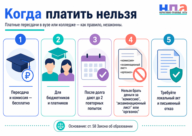 Вуз или колледж требует плату за пересдачу экзамена или зачёта когда платёж незаконен