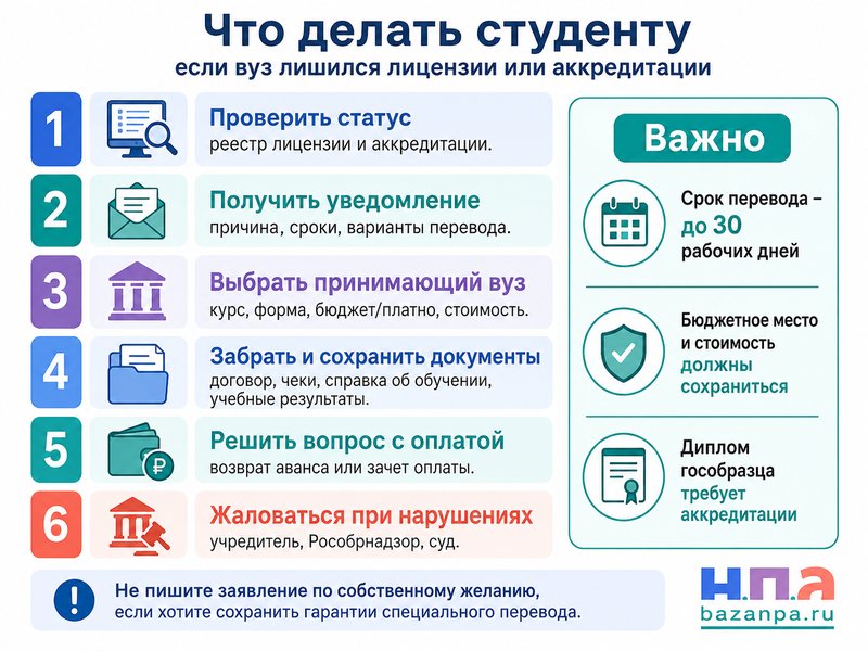 Вуз лишился лицензии или государственной аккредитации во время обучения что делать студенту